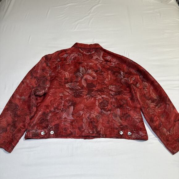 Chicos 3 Womens XL Jacket Silk Blend Blazer Red Metallic Floral Button Front EUC - Picture 10 of 14